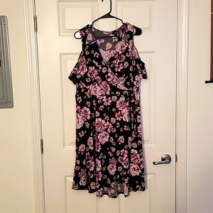 Black floral cold shoulder wrap skater dress